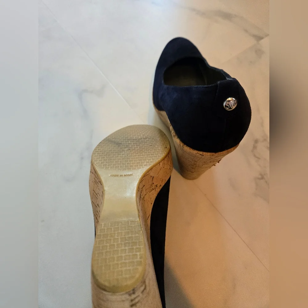 Stuart Weitzman Dark Blue High Heel Corkswoon Wedge Size 9.5 - Picture 4 of 10